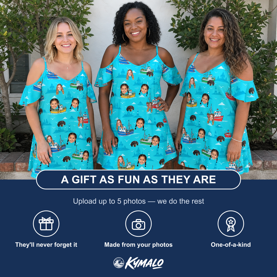 Friends in matching Women's Skiff Happens Custom Face Off-Shoulder Dress — a group gift photo