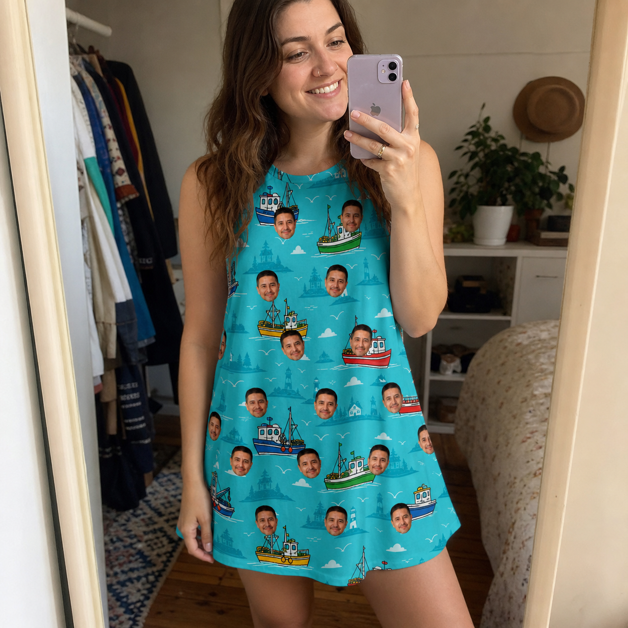 Real-life photo of someone wearing Women's Skiff Happens Custom Face Tank Dress — custom faces printed all-over