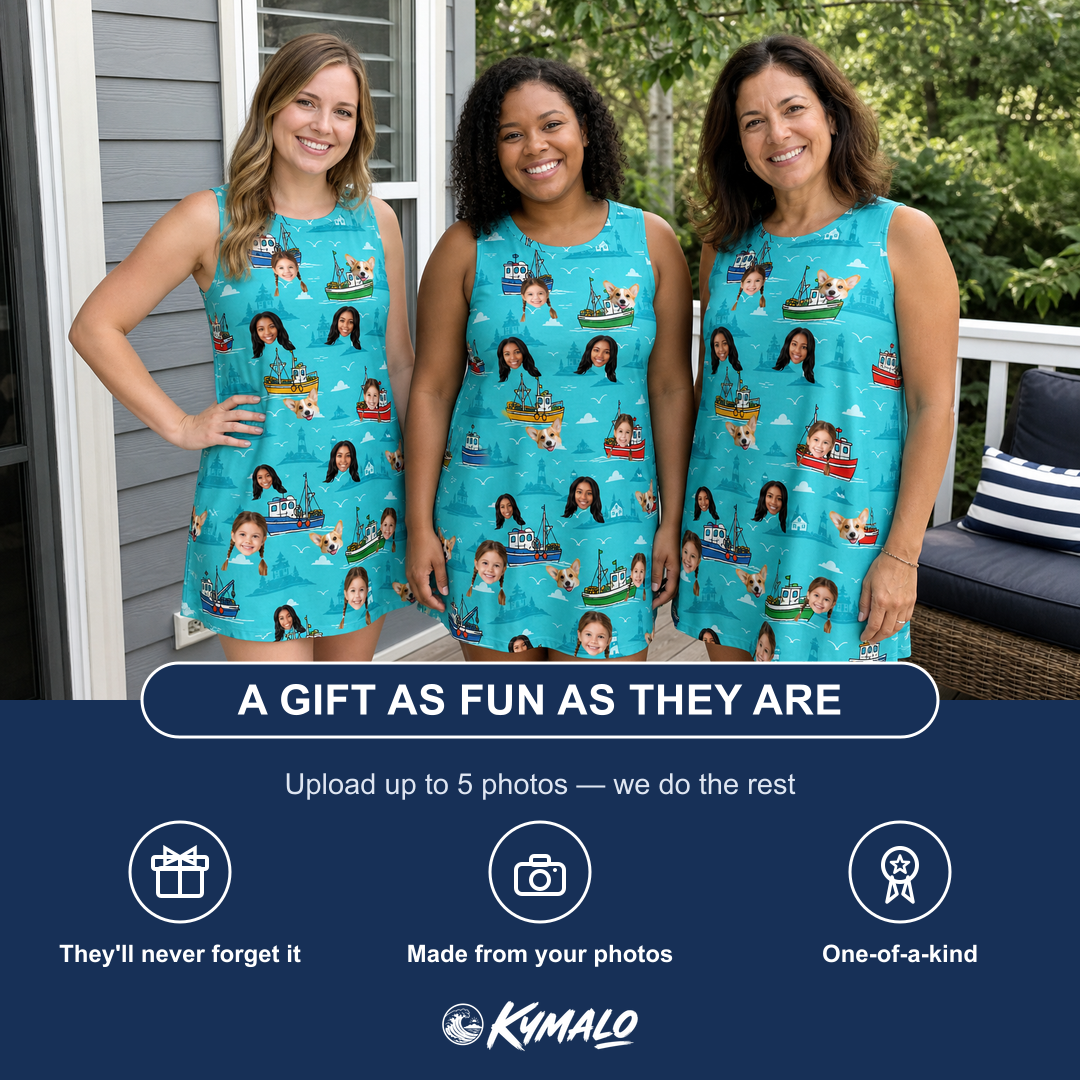 Friends in matching Women's Skiff Happens Custom Face Tank Dress — a group gift photo