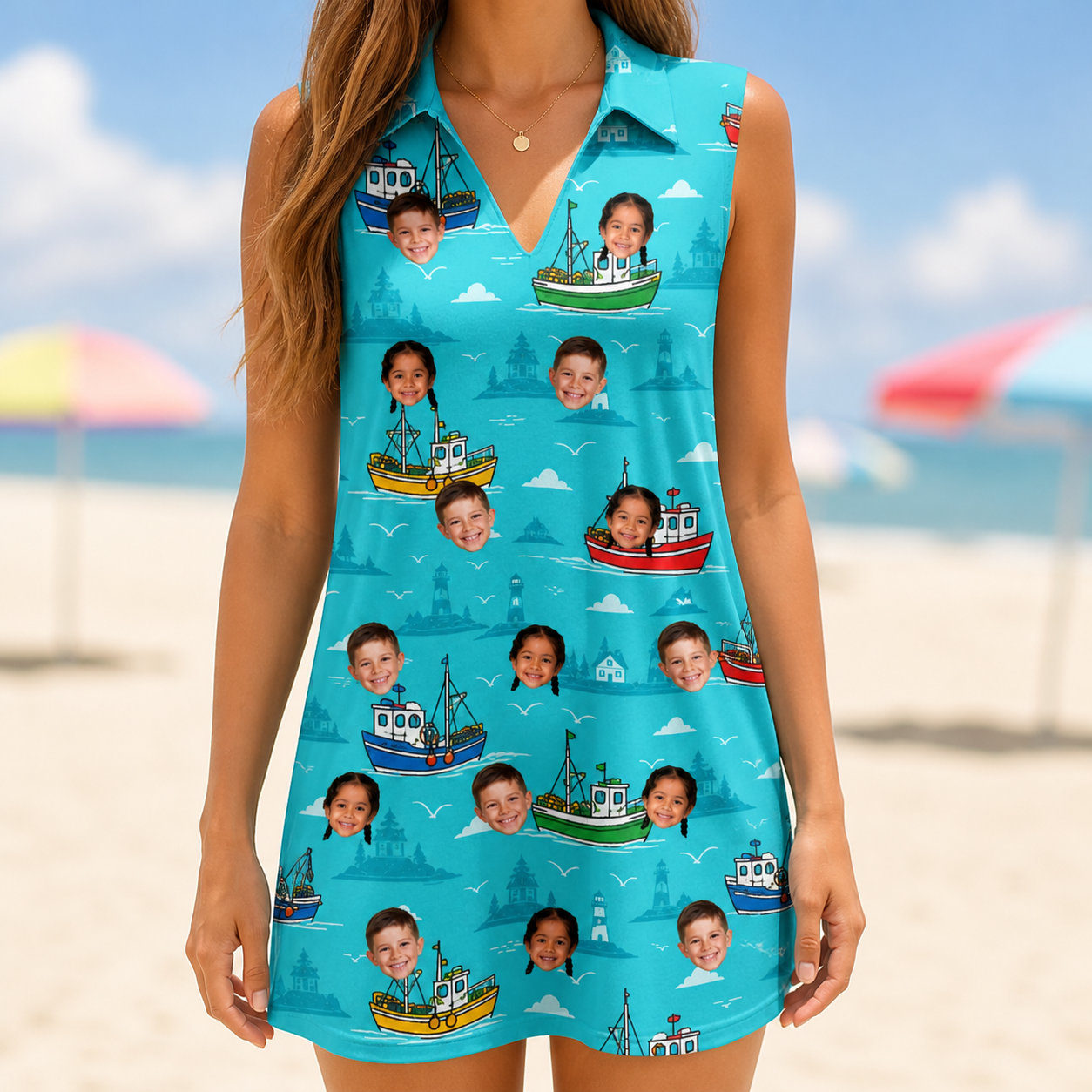 Model wearing Women's Skiff Happens Custom Face V-Neck Dress printed with kids' faces