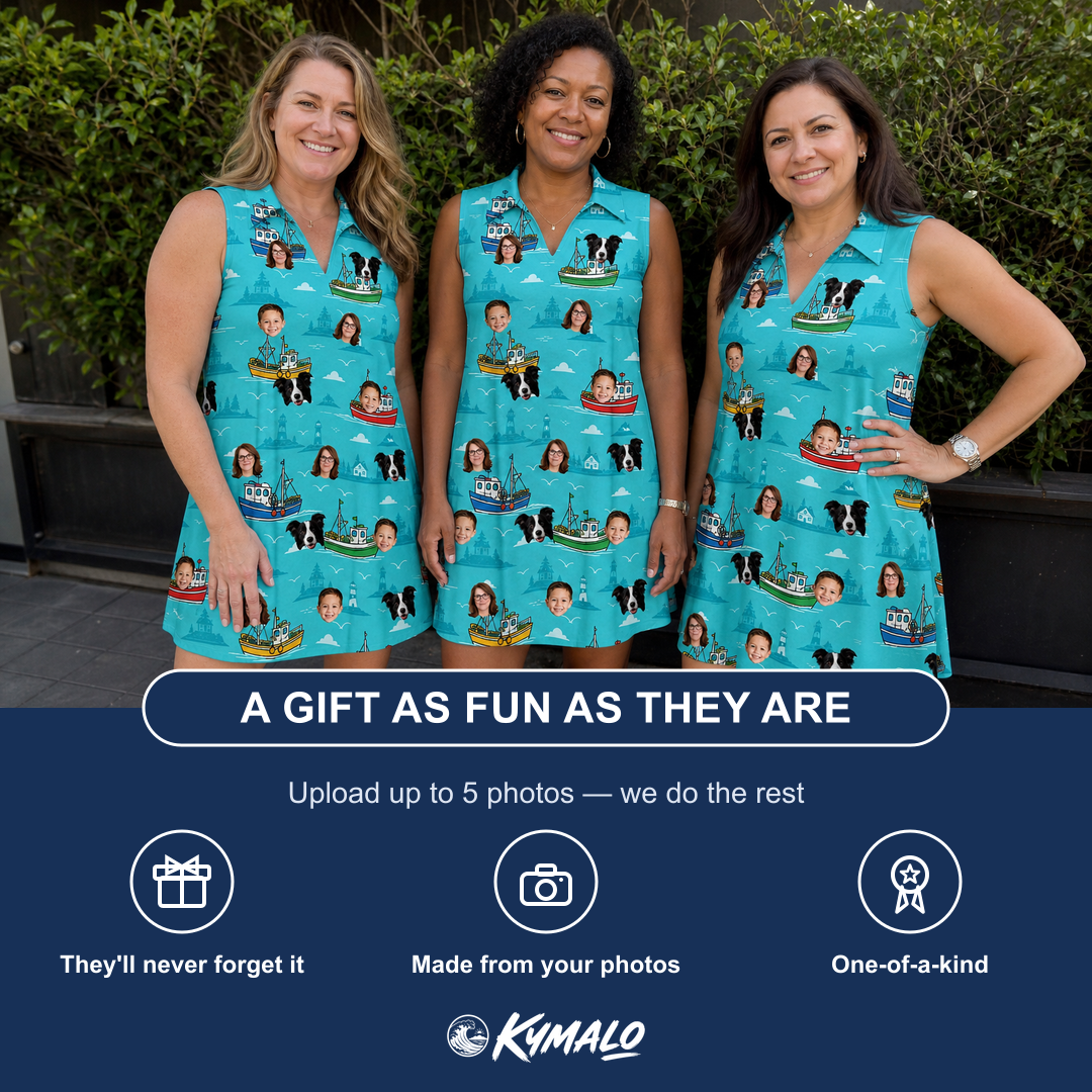 Friends in matching Women's Skiff Happens Custom Face V-Neck Dress — a group gift photo