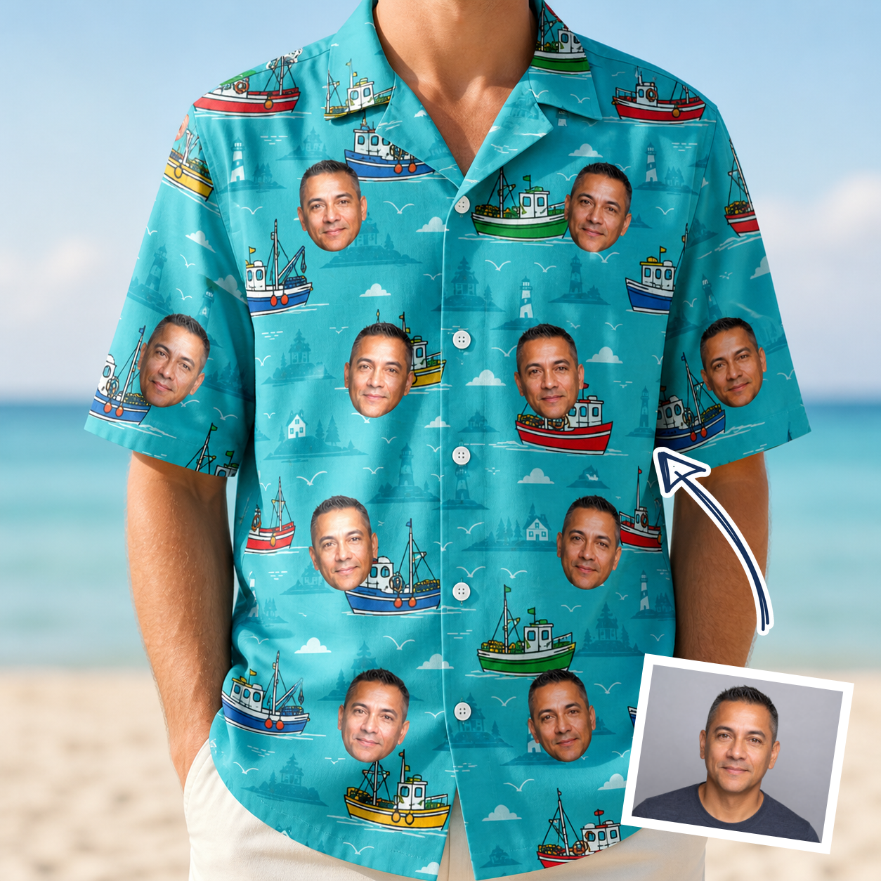 Man wearing Men's Skiff Happens Custom Face Hawaiian Shirt — custom faces printed all-over