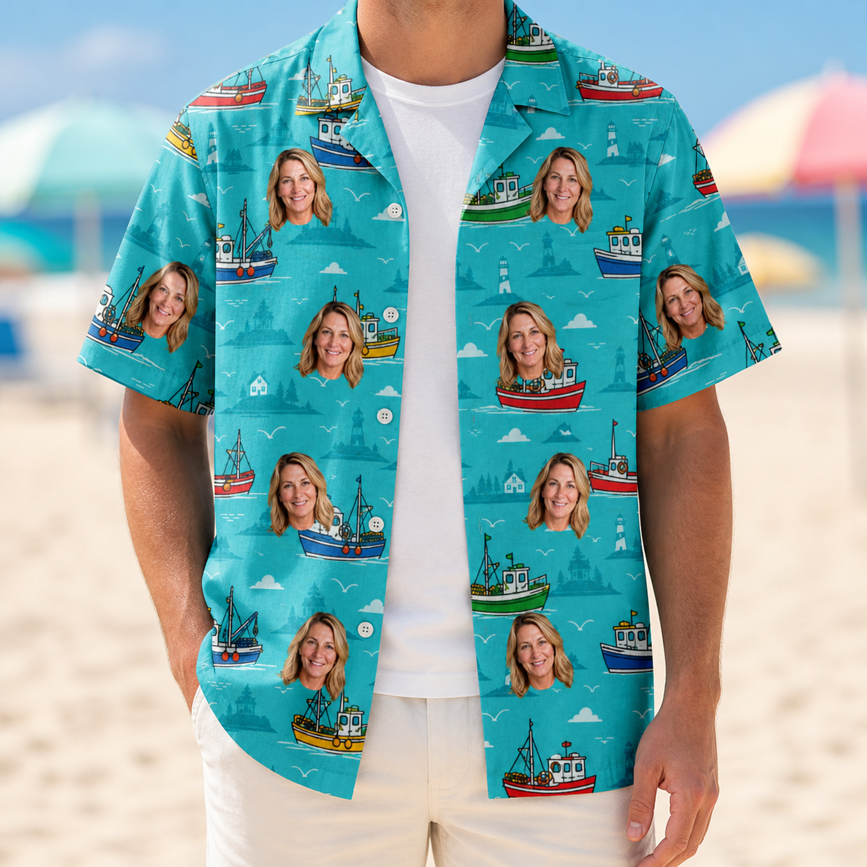 Man wearing Men's Skiff Happens Custom Face Hawaiian Shirt open over a white tee