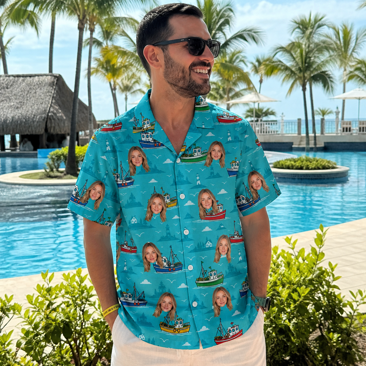 Real-life photo of someone wearing Men's Skiff Happens Custom Face Hawaiian Shirt — custom faces printed all-over