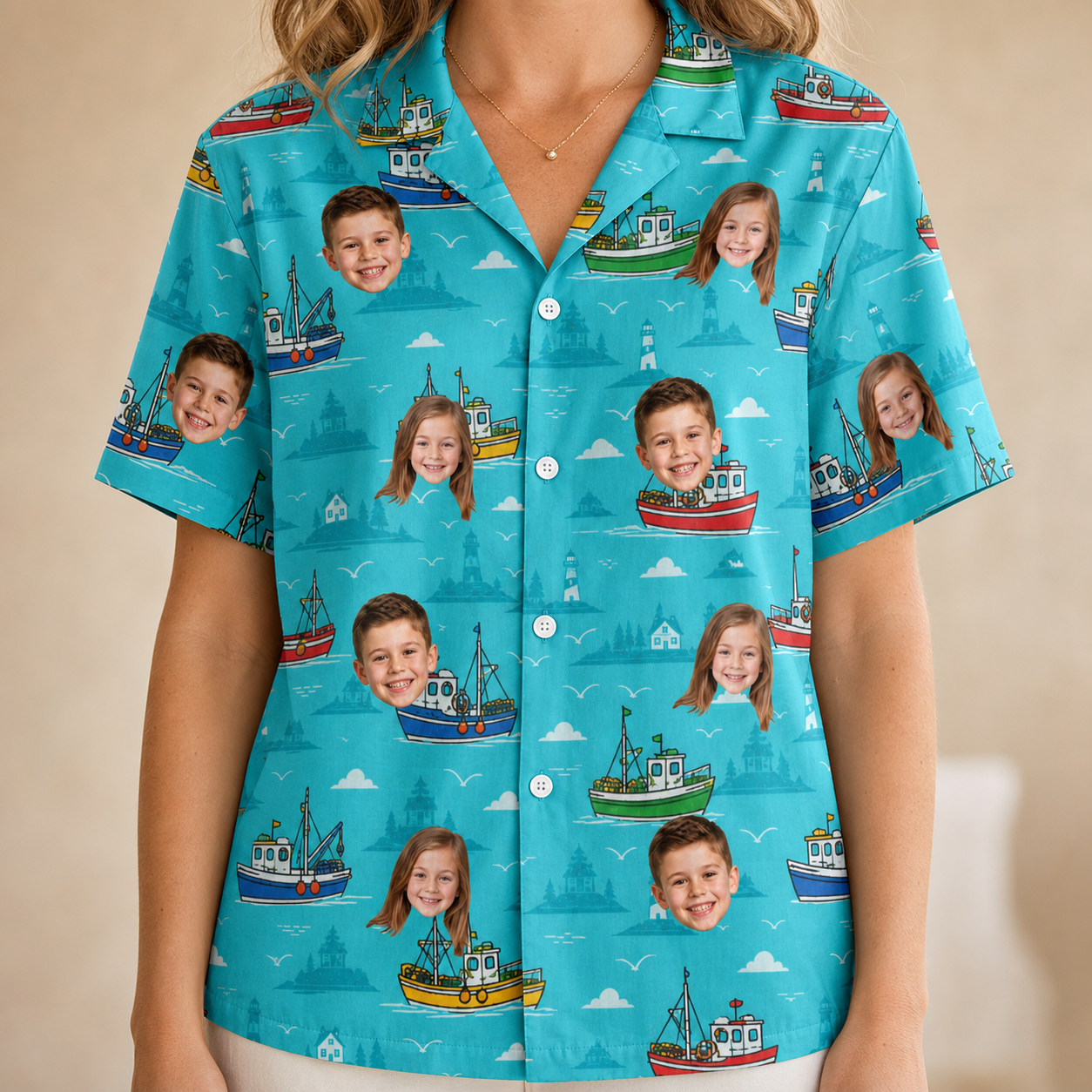 Model wearing Women's Skiff Happens Custom Face Hawaiian Shirt printed with kids' faces