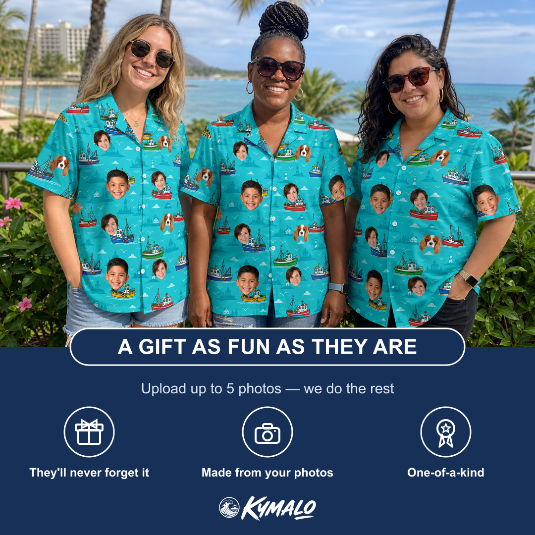 Friends in matching Women's Skiff Happens Custom Face Hawaiian Shirt — a group gift photo