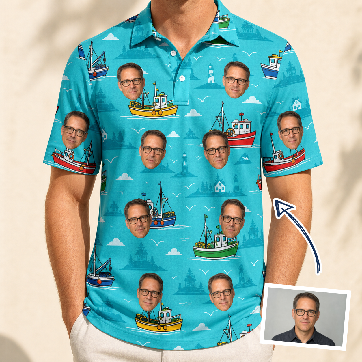 Man wearing Men's Skiff Happens Custom Face Polo Shirt — custom faces printed all-over