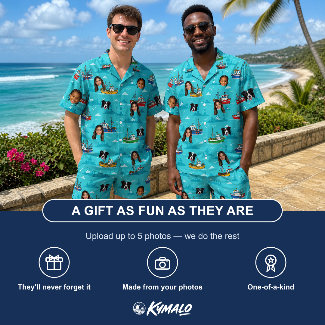 Friends in matching Men's Skiff Happens Custom Face Shirt & Shorts Set — a group gift photo