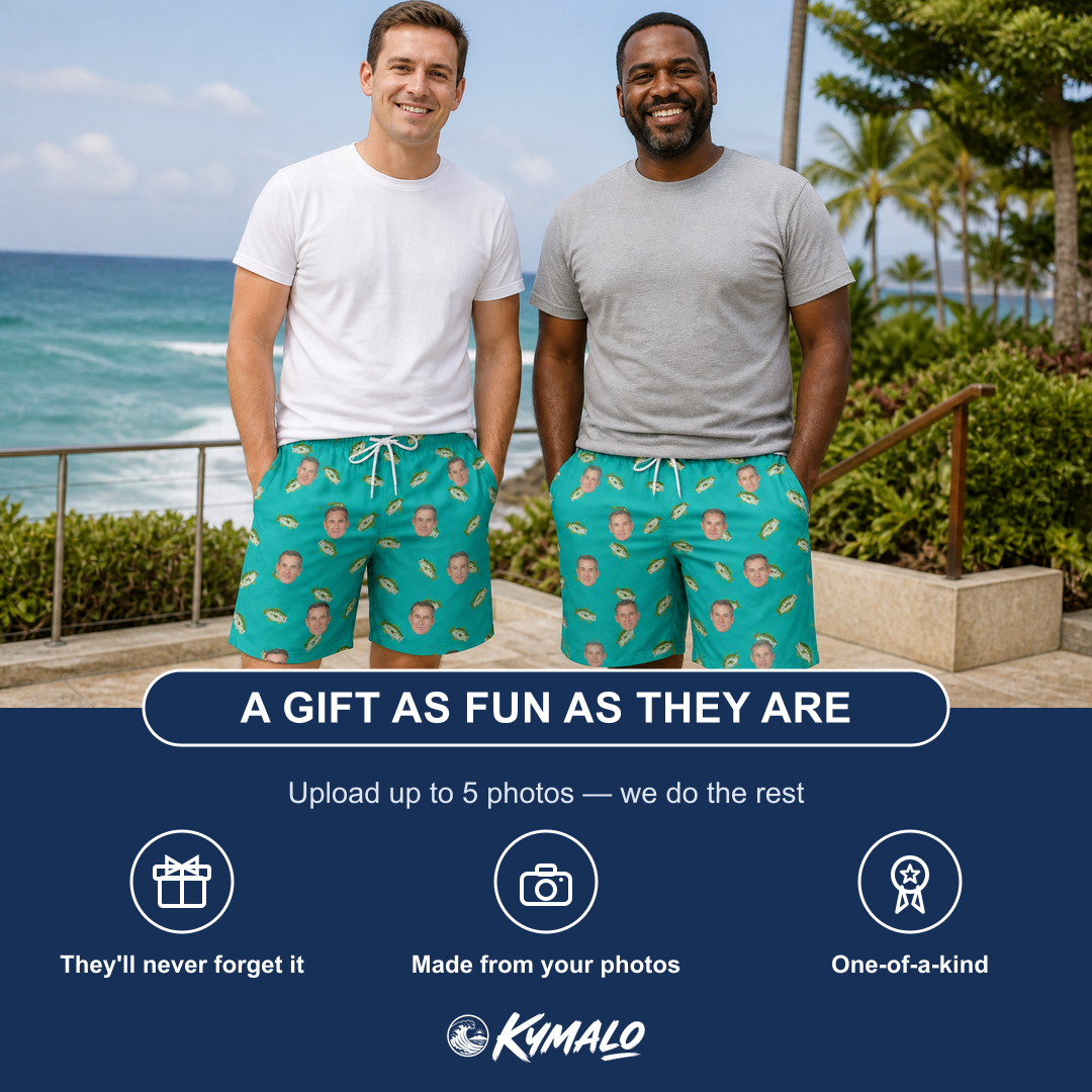 Friends in matching Men's Casting Call Custom Face Beach Shorts — a group gift photo