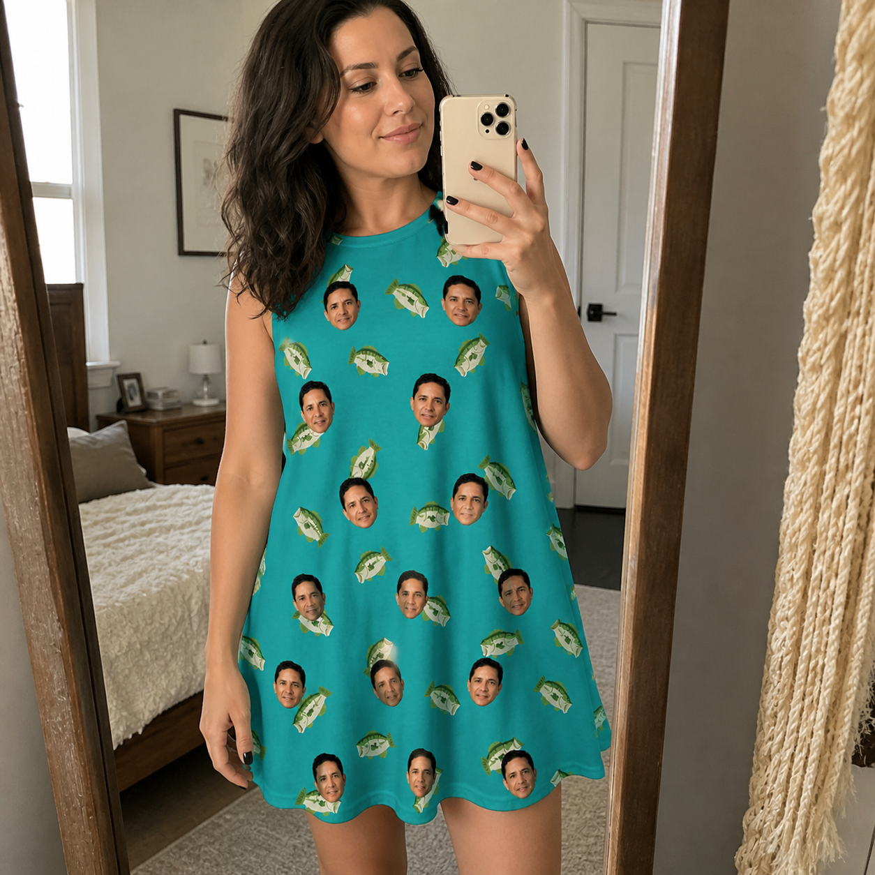 Real-life photo of someone wearing Women's Casting Call Custom Face Tank Dress — custom faces printed all-over