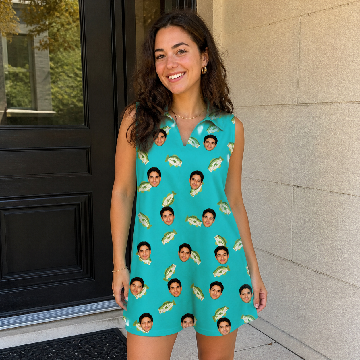 Real-life photo of someone wearing Women's Casting Call Custom Face V-Neck Dress — custom faces printed all-over