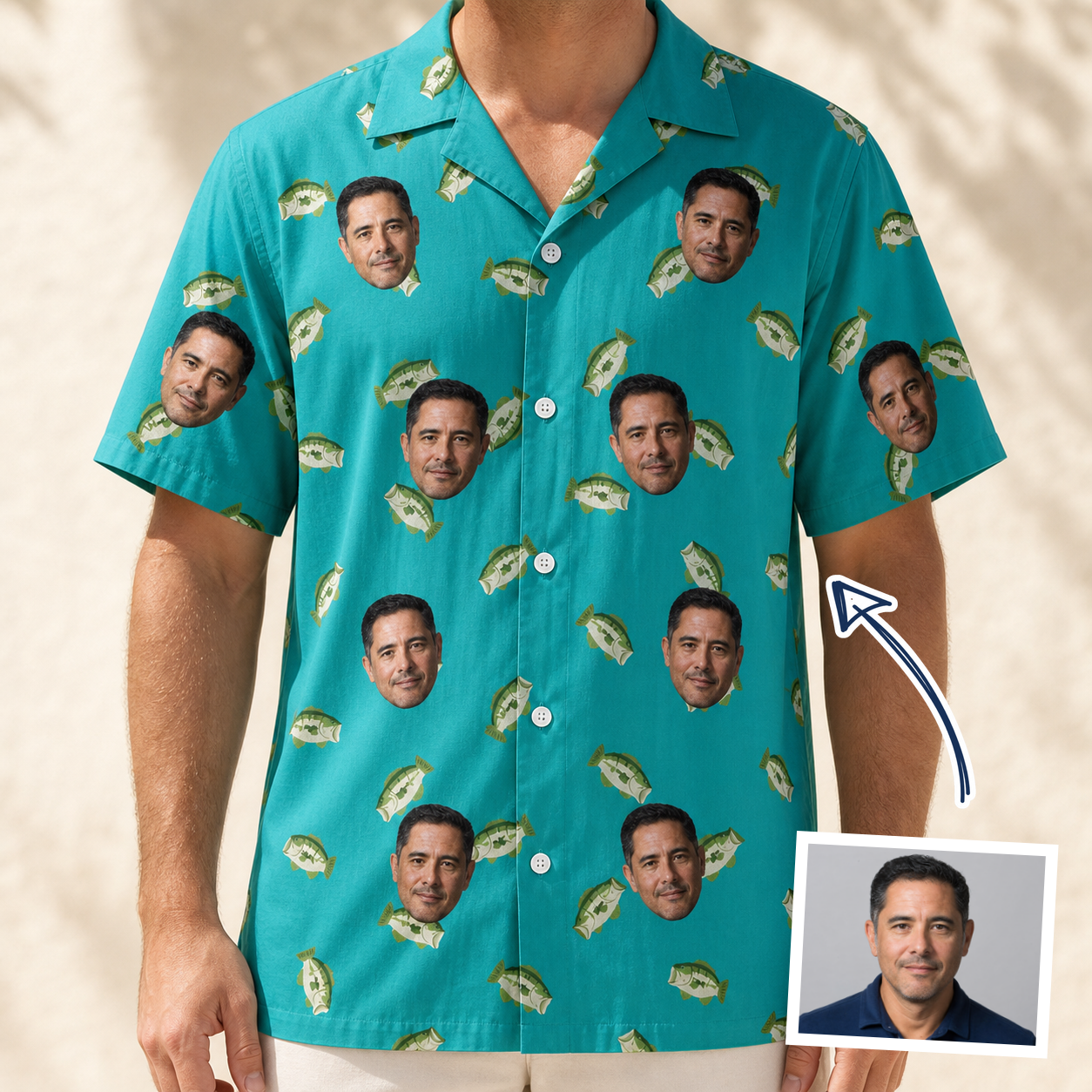 Man wearing Men's Casting Call Custom Face Hawaiian Shirt — custom faces printed all-over