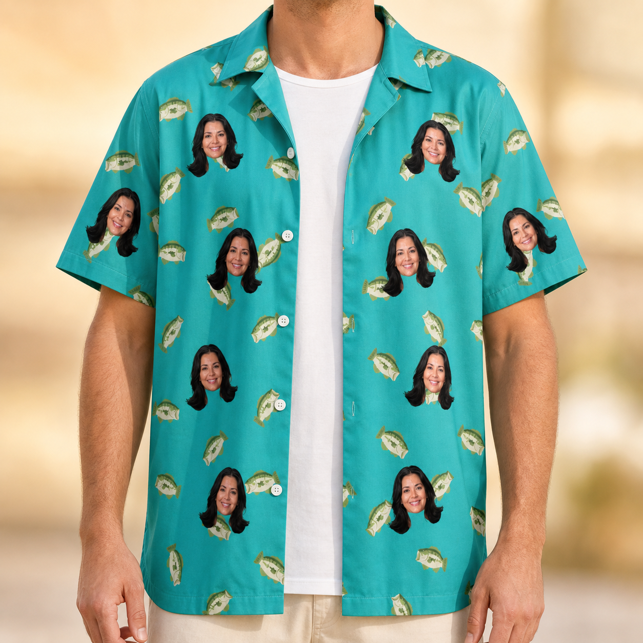 Man wearing Men's Casting Call Custom Face Hawaiian Shirt open over a white tee