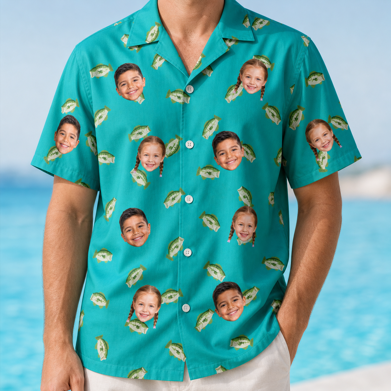 Model wearing Men's Casting Call Custom Face Hawaiian Shirt printed with kids' faces
