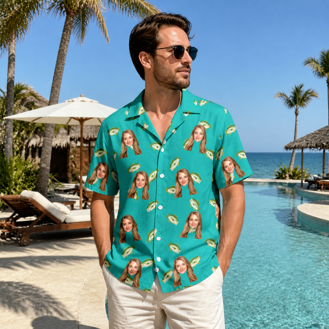Real-life photo of someone wearing Men's Casting Call Custom Face Hawaiian Shirt — custom faces printed all-over