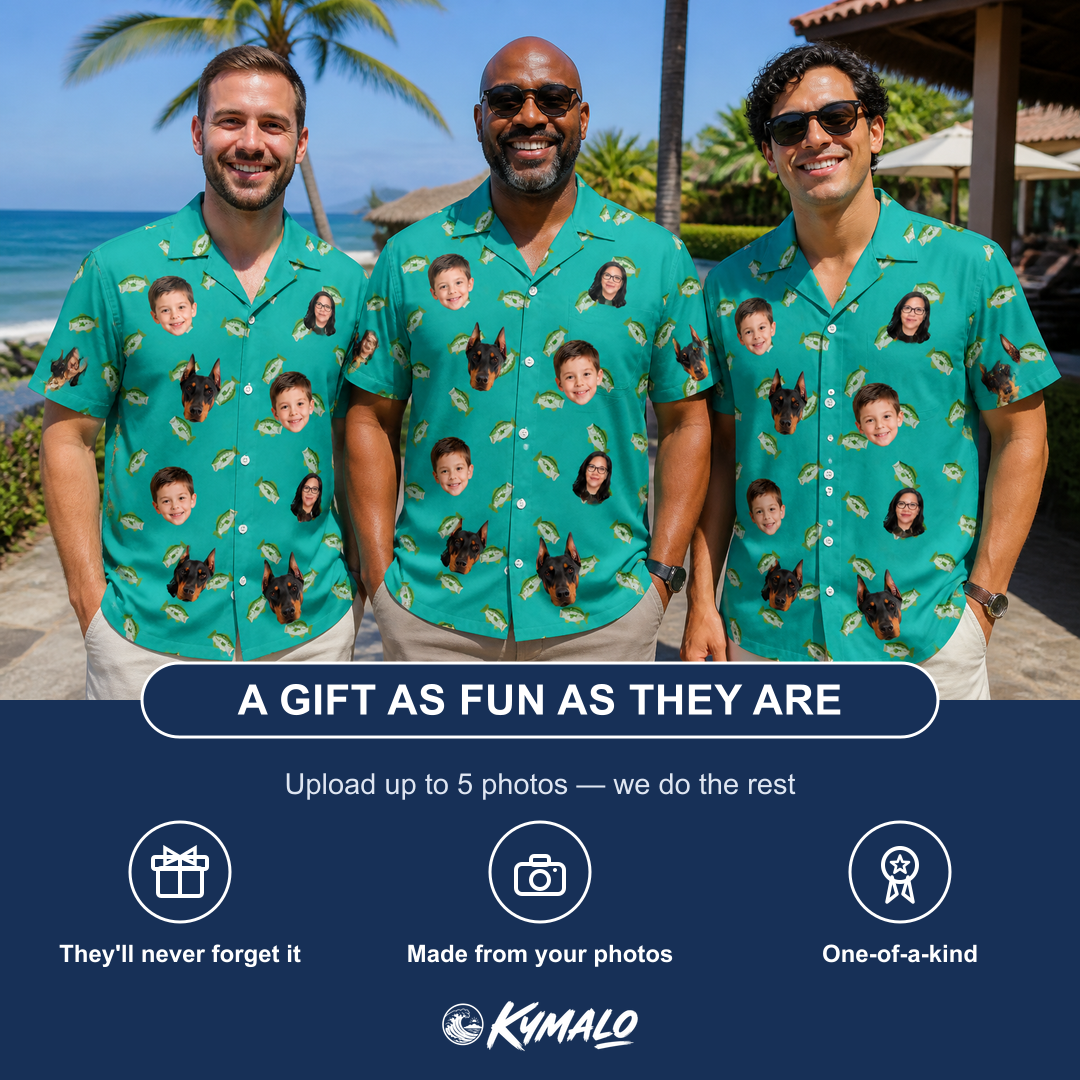 Friends in matching Men's Casting Call Custom Face Hawaiian Shirt — a group gift photo