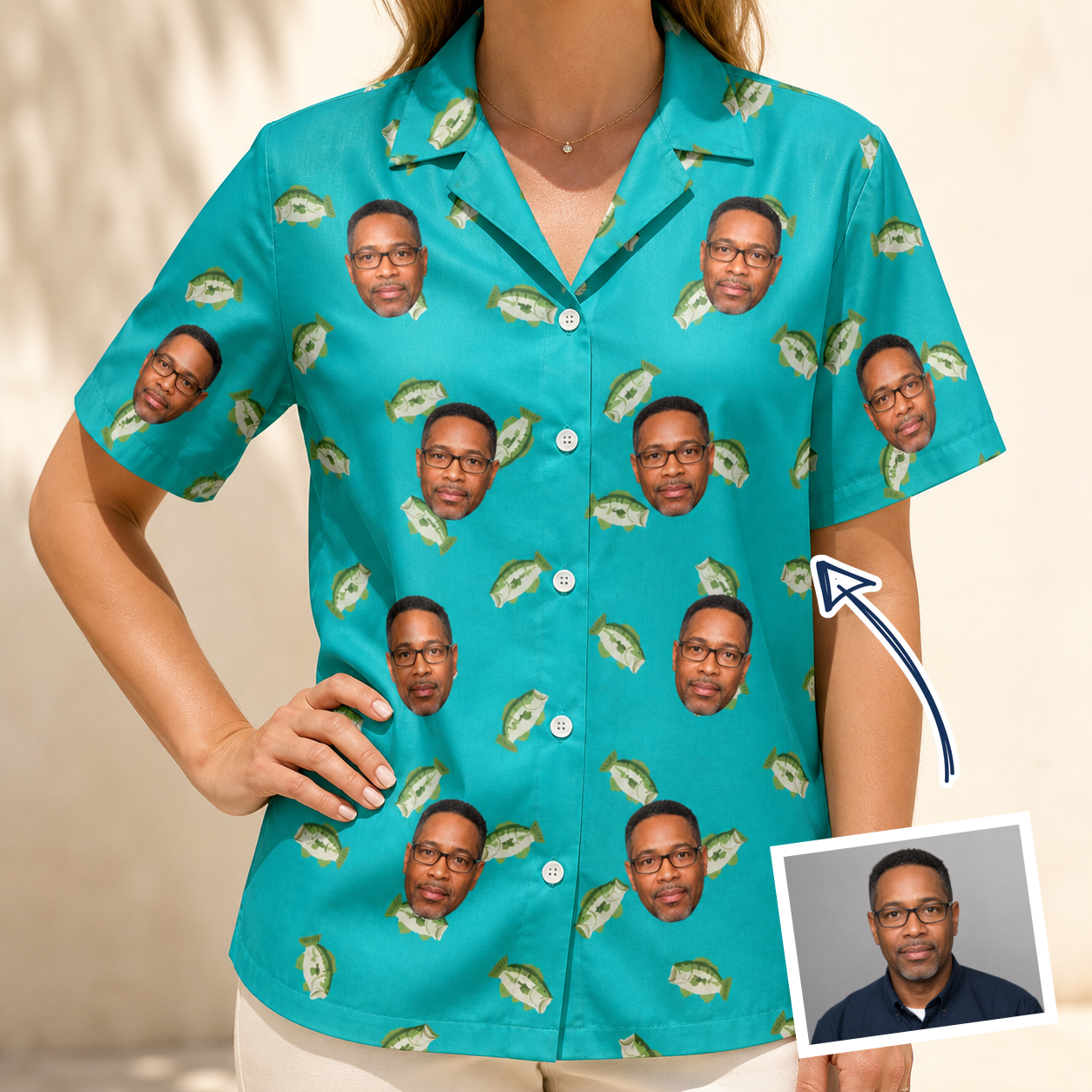Woman wearing Women's Casting Call Custom Face Hawaiian Shirt — custom faces printed all-over