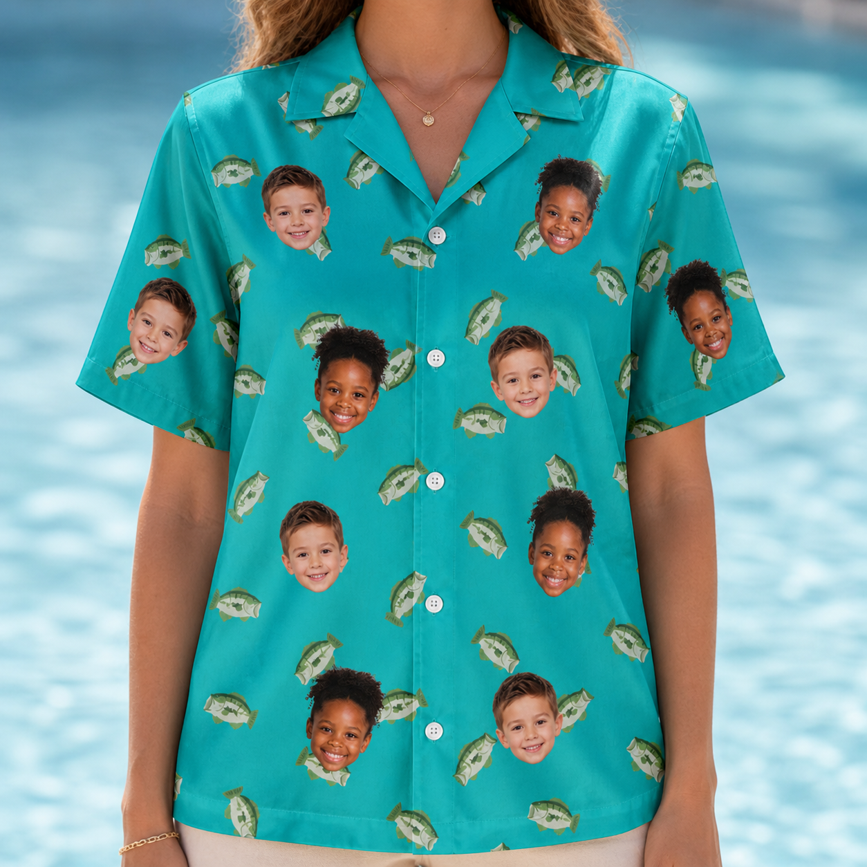 Model wearing Women's Casting Call Custom Face Hawaiian Shirt printed with kids' faces
