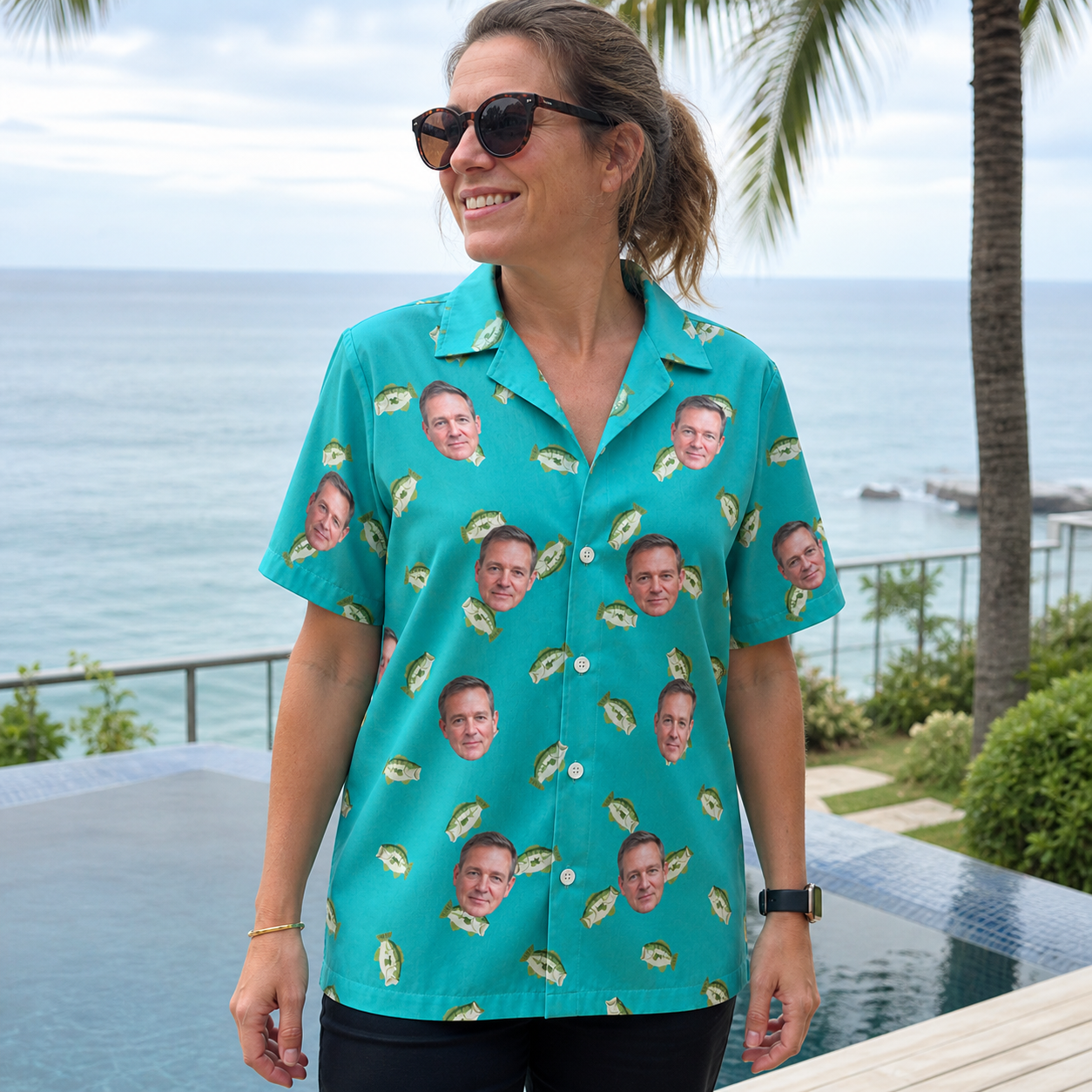 Real-life photo of someone wearing Women's Casting Call Custom Face Hawaiian Shirt — custom faces printed all-over
