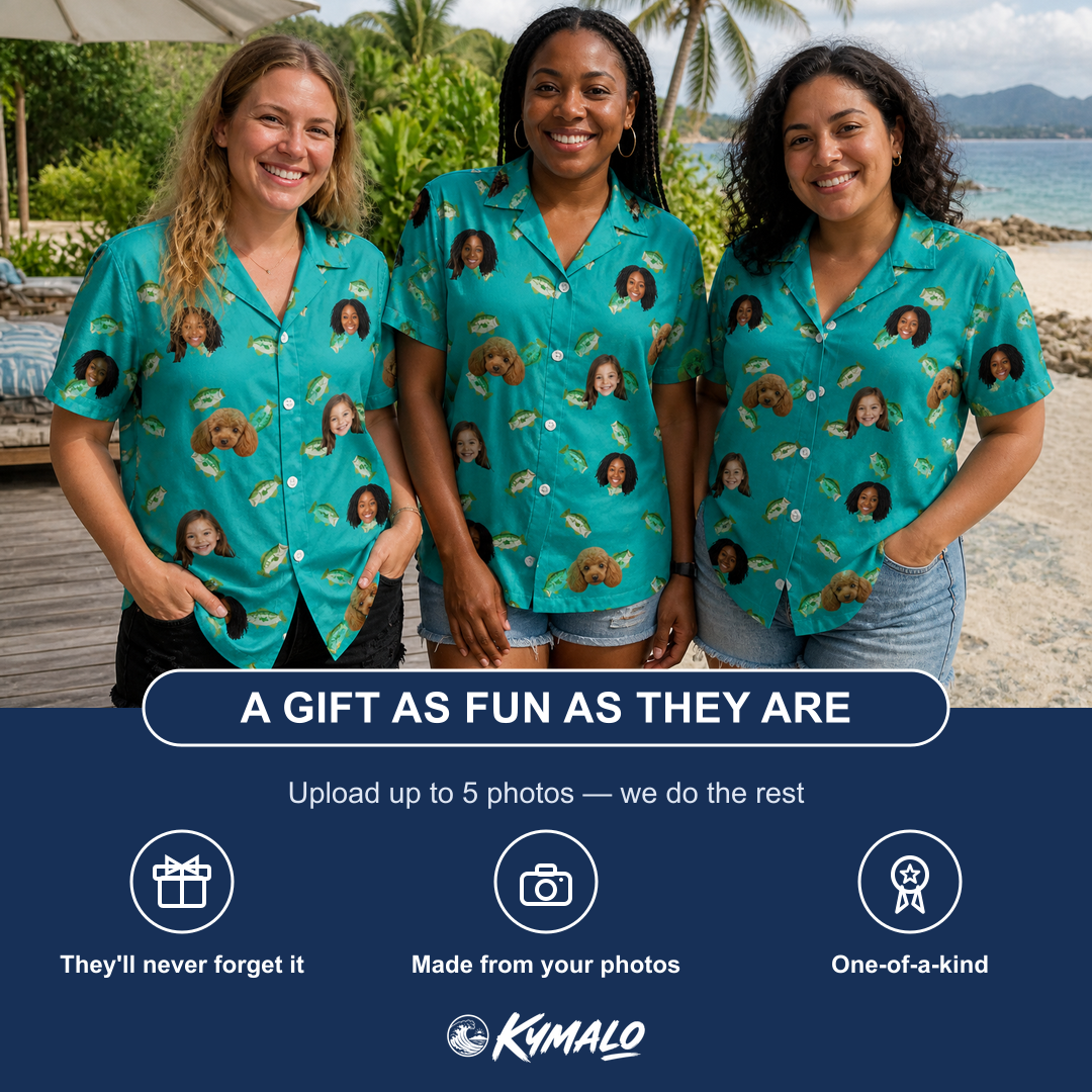 Friends in matching Women's Casting Call Custom Face Hawaiian Shirt — a group gift photo