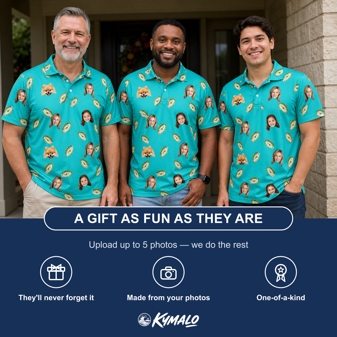Friends in matching Men's Casting Call Custom Face Polo Shirt — a group gift photo