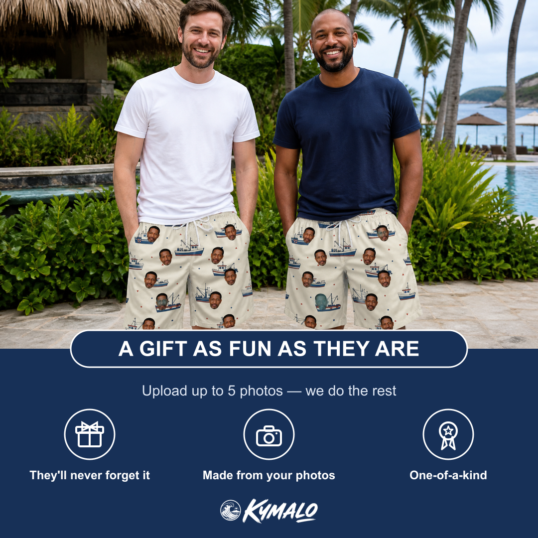 Friends in matching Men's Mini Mariners Custom Face Beach Shorts — a group gift photo