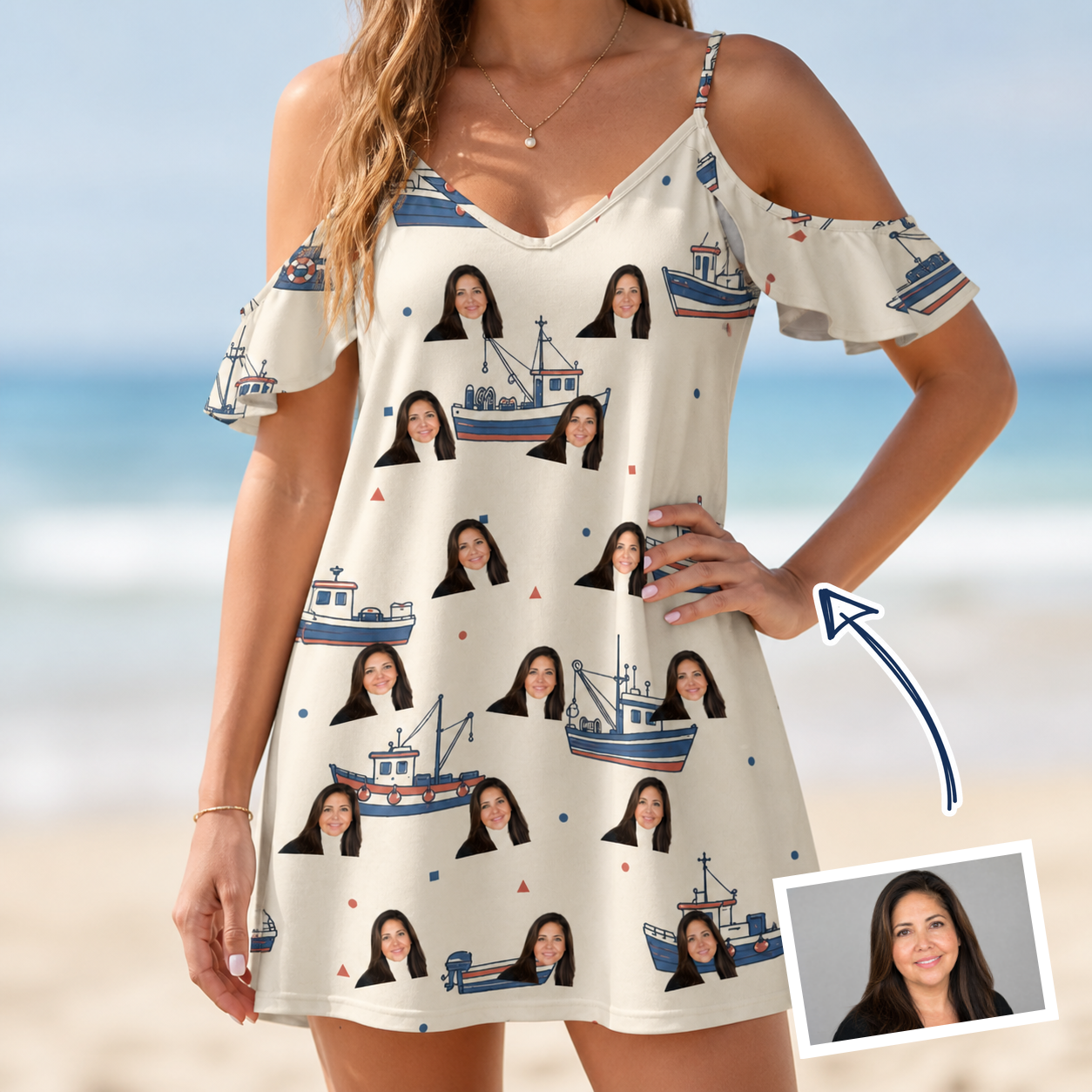 Woman wearing Women's Mini Mariners Custom Face Off-Shoulder Dress — custom faces printed all-over