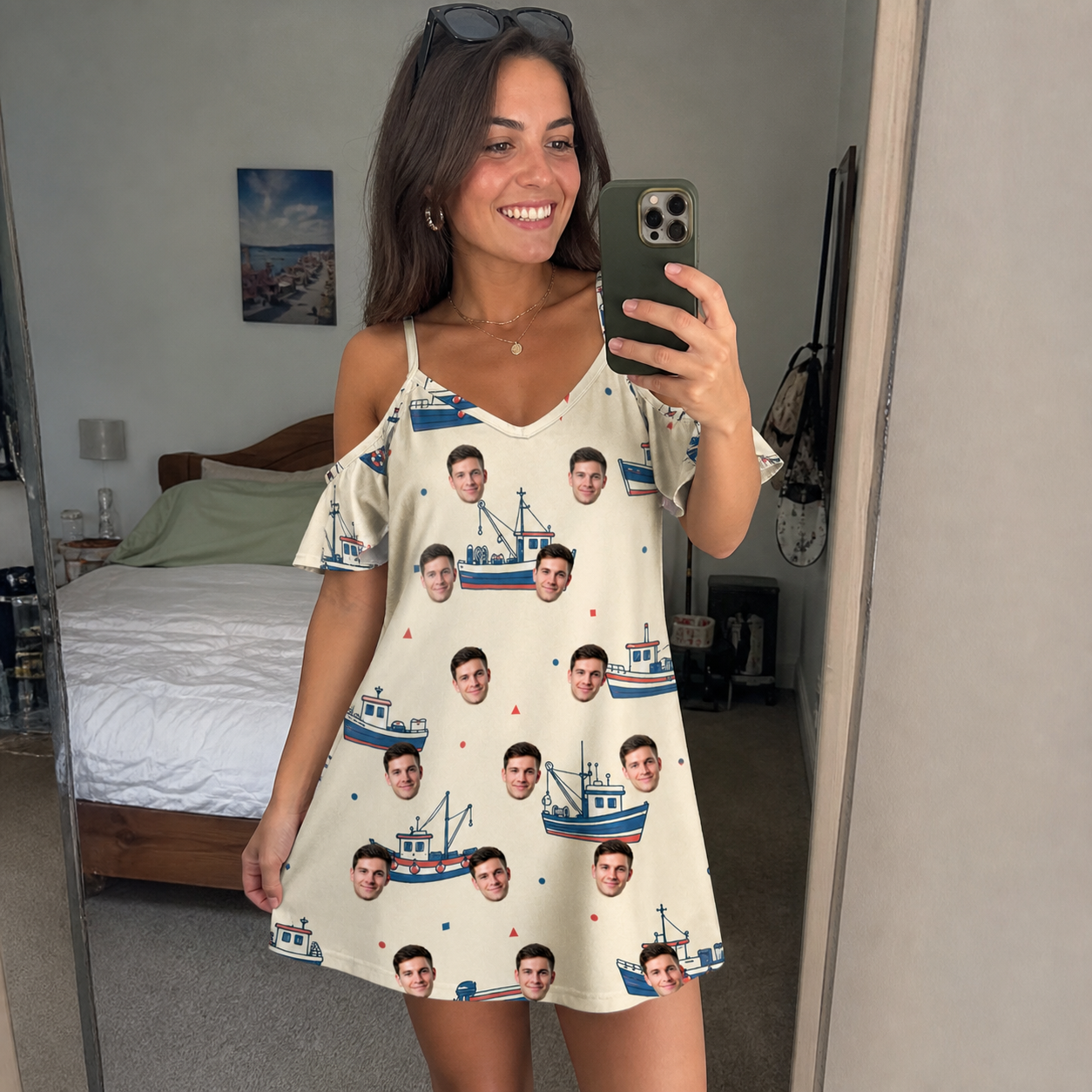 Real-life photo of someone wearing Women's Mini Mariners Custom Face Off-Shoulder Dress — custom faces printed all-over