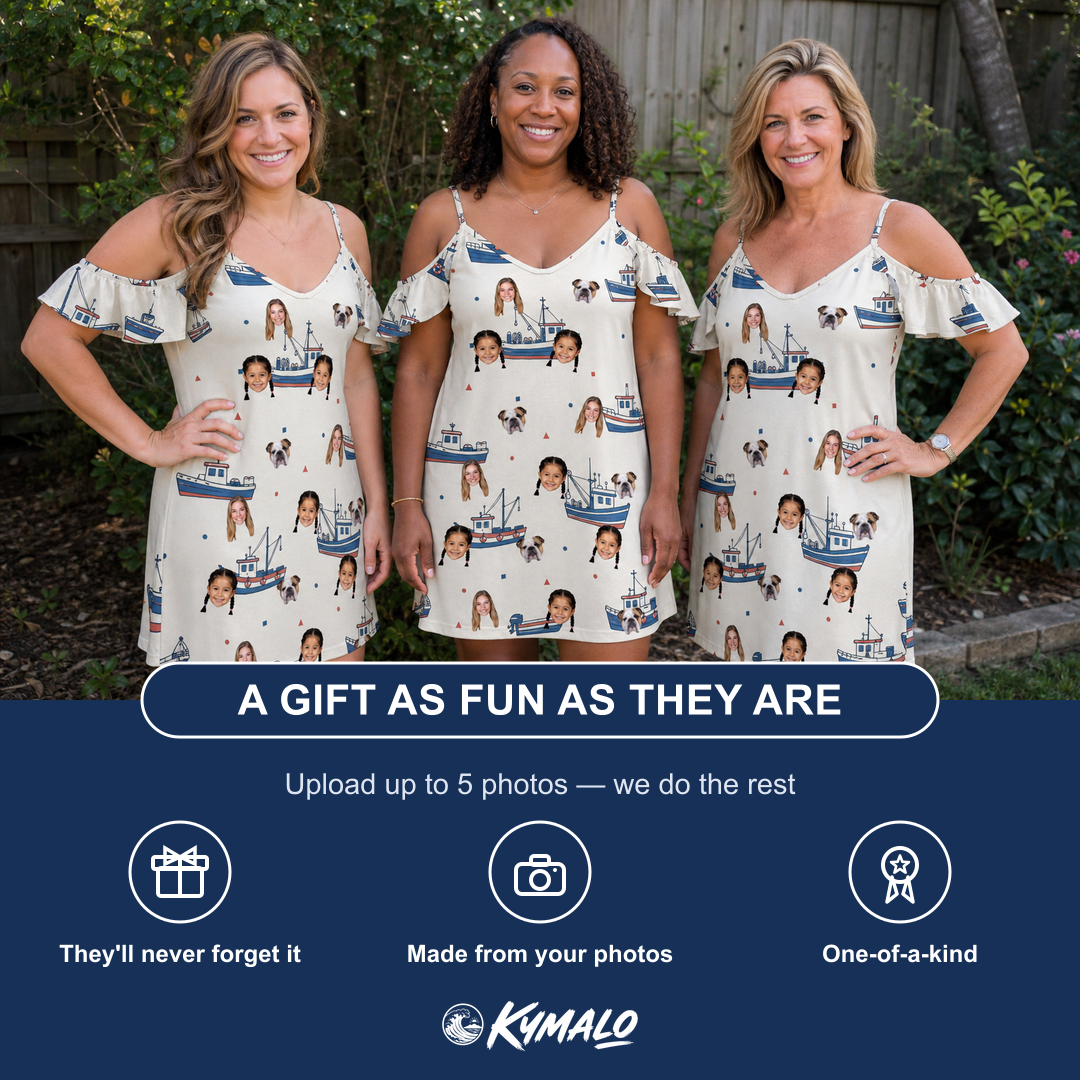 Friends in matching Women's Mini Mariners Custom Face Off-Shoulder Dress — a group gift photo