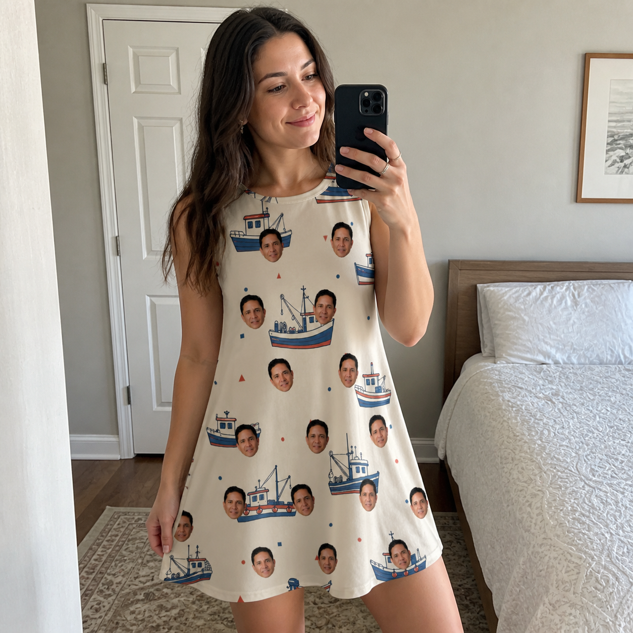 Real-life photo of someone wearing Women's Mini Mariners Custom Face Tank Dress — custom faces printed all-over