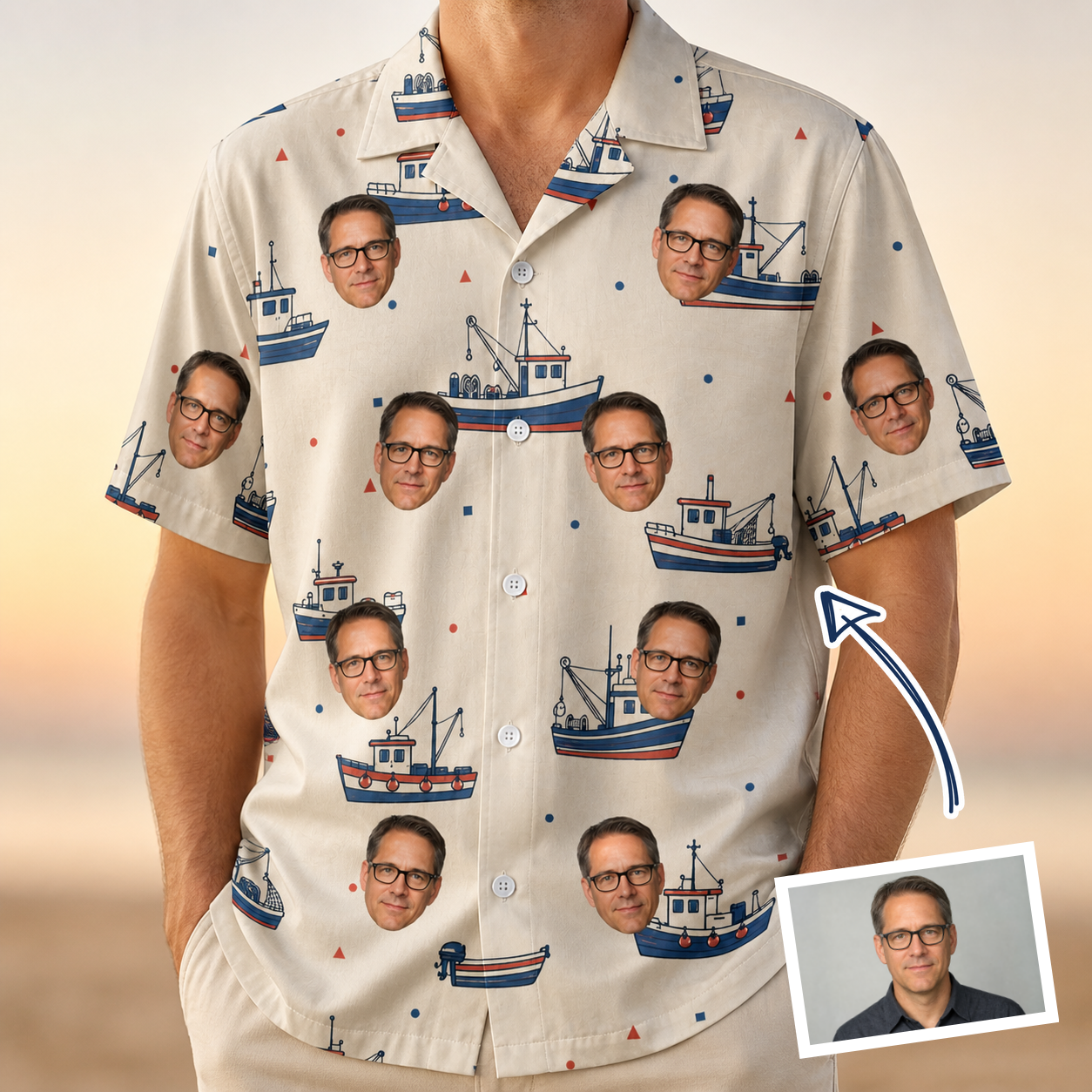 Man wearing Men's Mini Mariners Custom Face Hawaiian Shirt — custom faces printed all-over