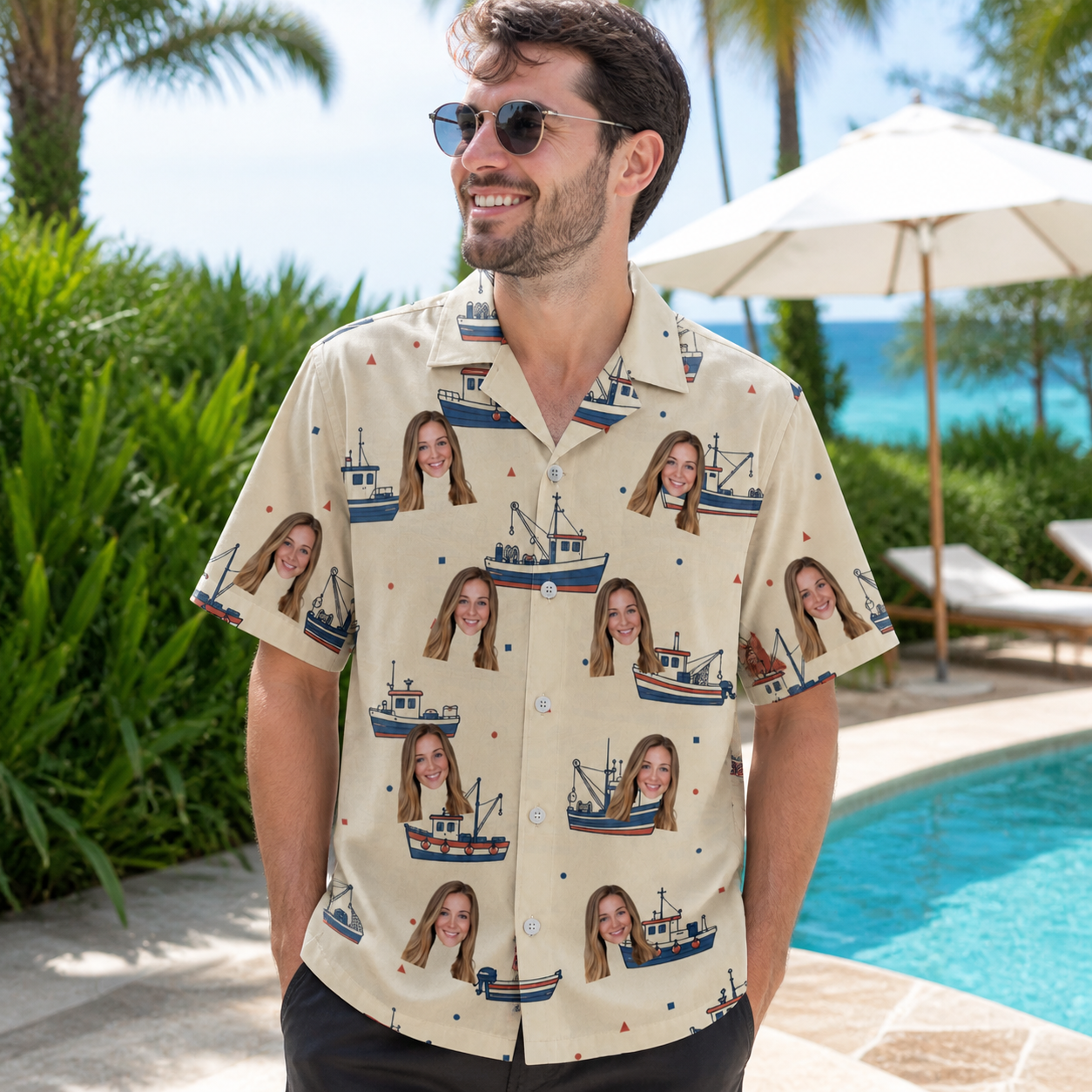 Real-life photo of someone wearing Men's Mini Mariners Custom Face Hawaiian Shirt — custom faces printed all-over