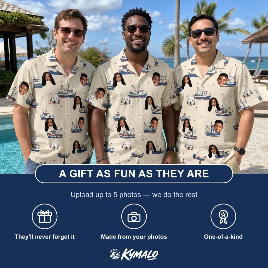 Friends in matching Men's Mini Mariners Custom Face Hawaiian Shirt — a group gift photo