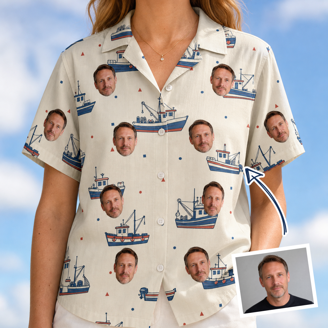 Woman wearing Women's Mini Mariners Custom Face Hawaiian Shirt — custom faces printed all-over