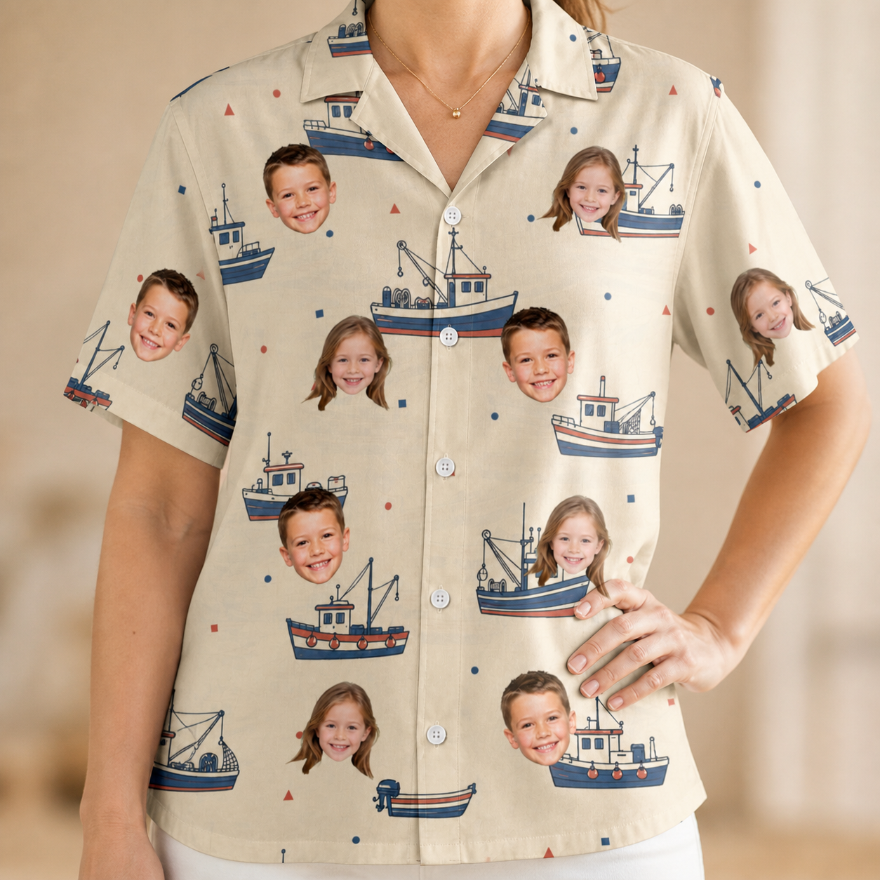 Model wearing Women's Mini Mariners Custom Face Hawaiian Shirt printed with kids' faces