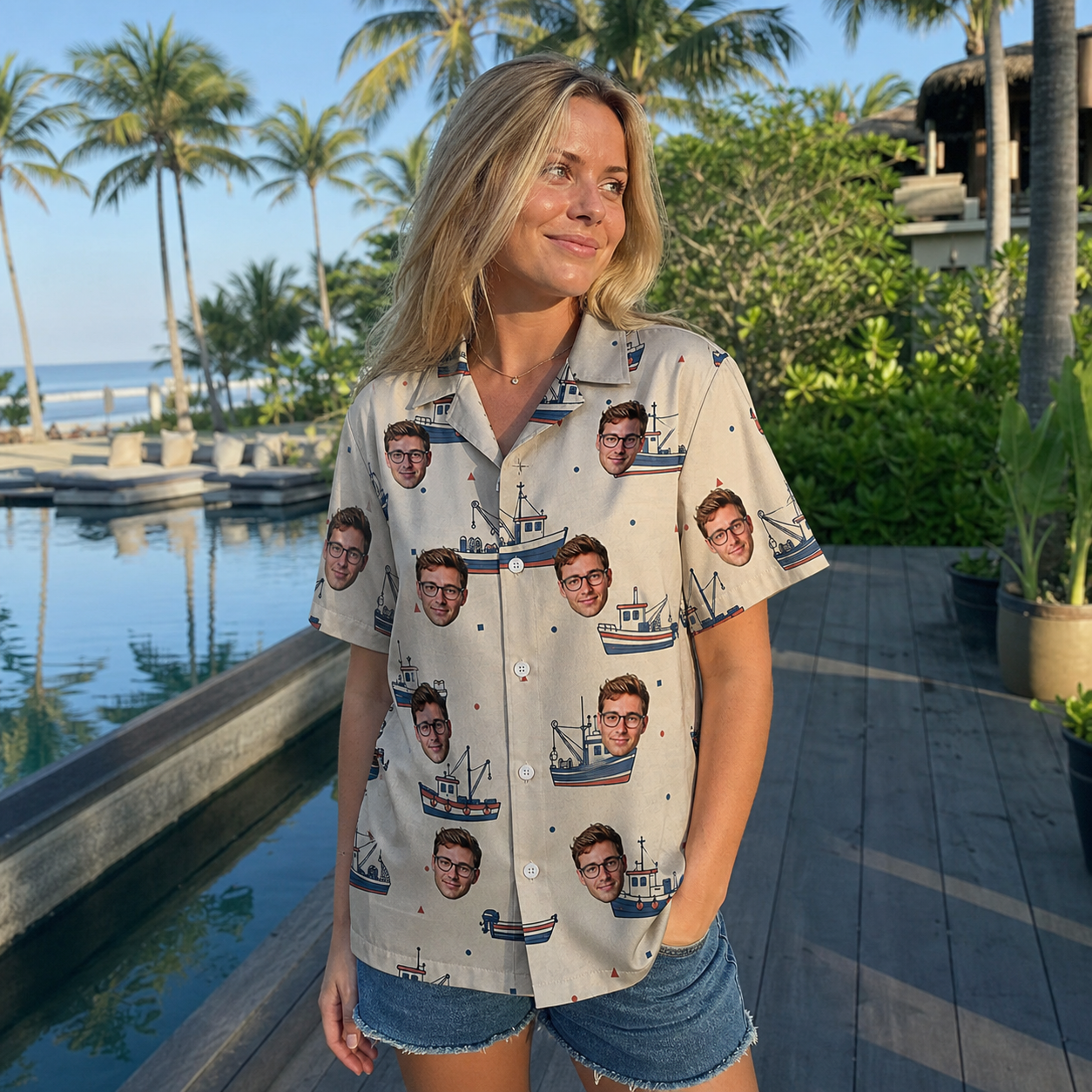 Real-life photo of someone wearing Women's Mini Mariners Custom Face Hawaiian Shirt — custom faces printed all-over
