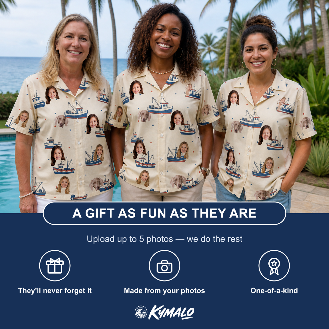 Friends in matching Women's Mini Mariners Custom Face Hawaiian Shirt — a group gift photo