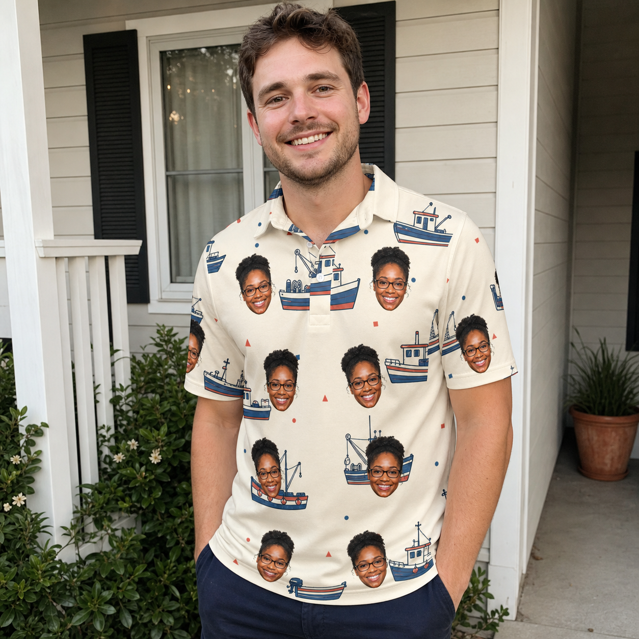 Real-life photo of someone wearing Men's Mini Mariners Custom Face Polo Shirt — custom faces printed all-over