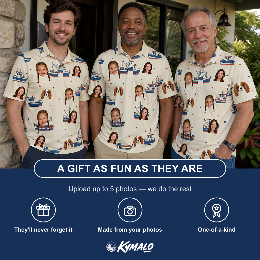 Friends in matching Men's Mini Mariners Custom Face Polo Shirt — a group gift photo