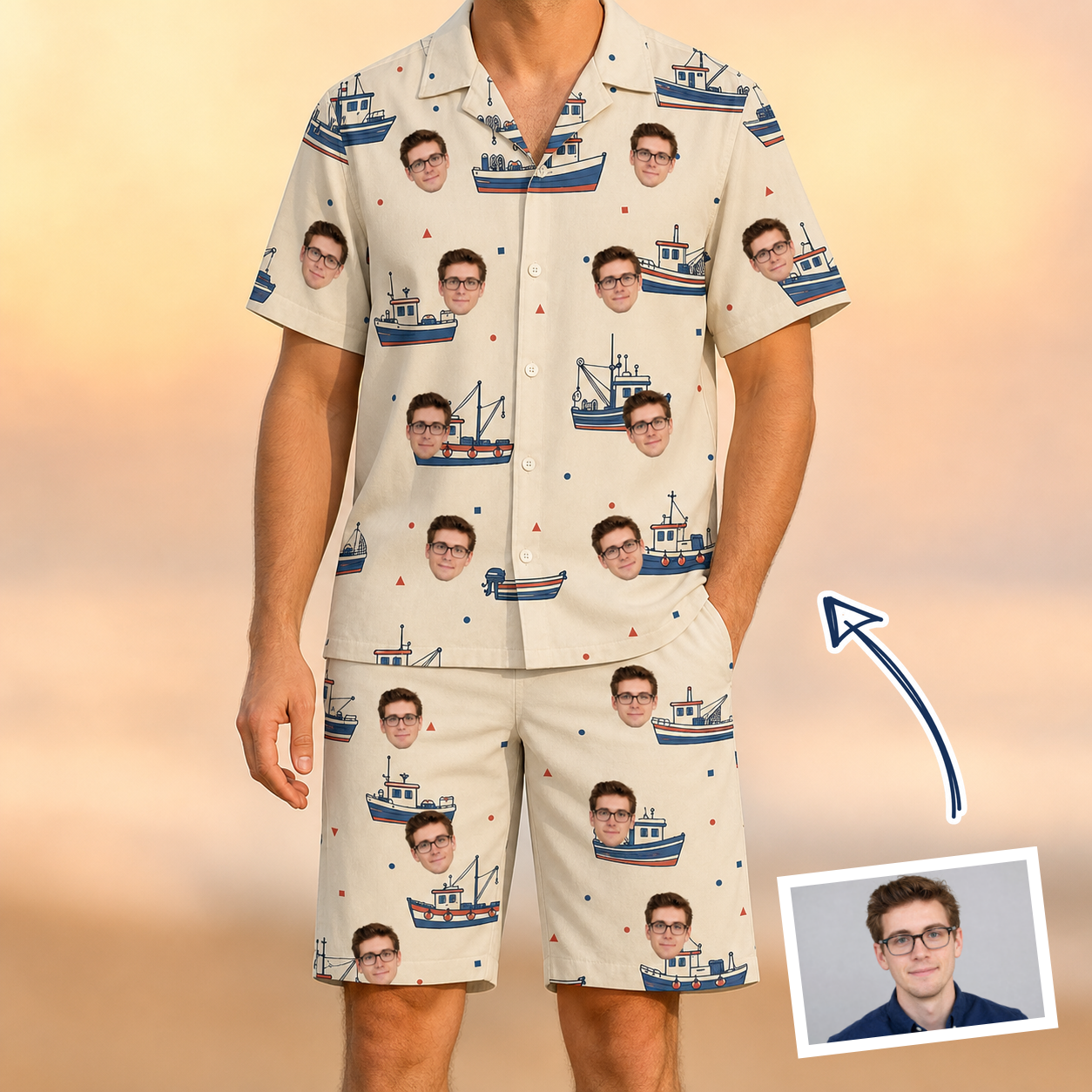 Man wearing Men's Mini Mariners Custom Face Shirt & Shorts Set — custom faces printed all-over