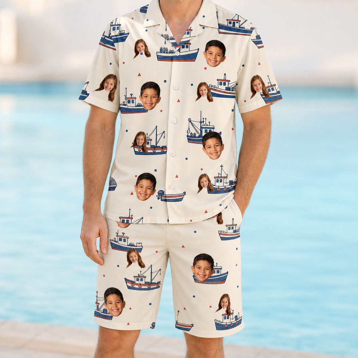 Model wearing Men's Mini Mariners Custom Face Shirt & Shorts Set printed with kids' faces
