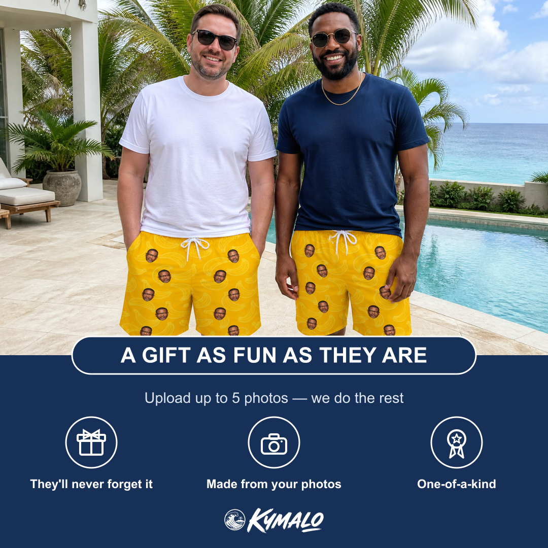 Friends in matching Men's Cavendish Capers Custom Face Beach Shorts — a group gift photo
