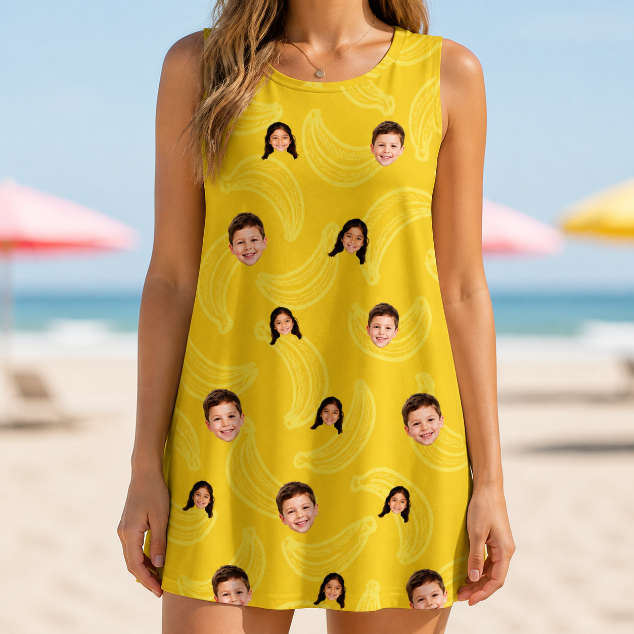 Model wearing Women's Cavendish Capers Custom Face Tank Dress printed with kids' faces