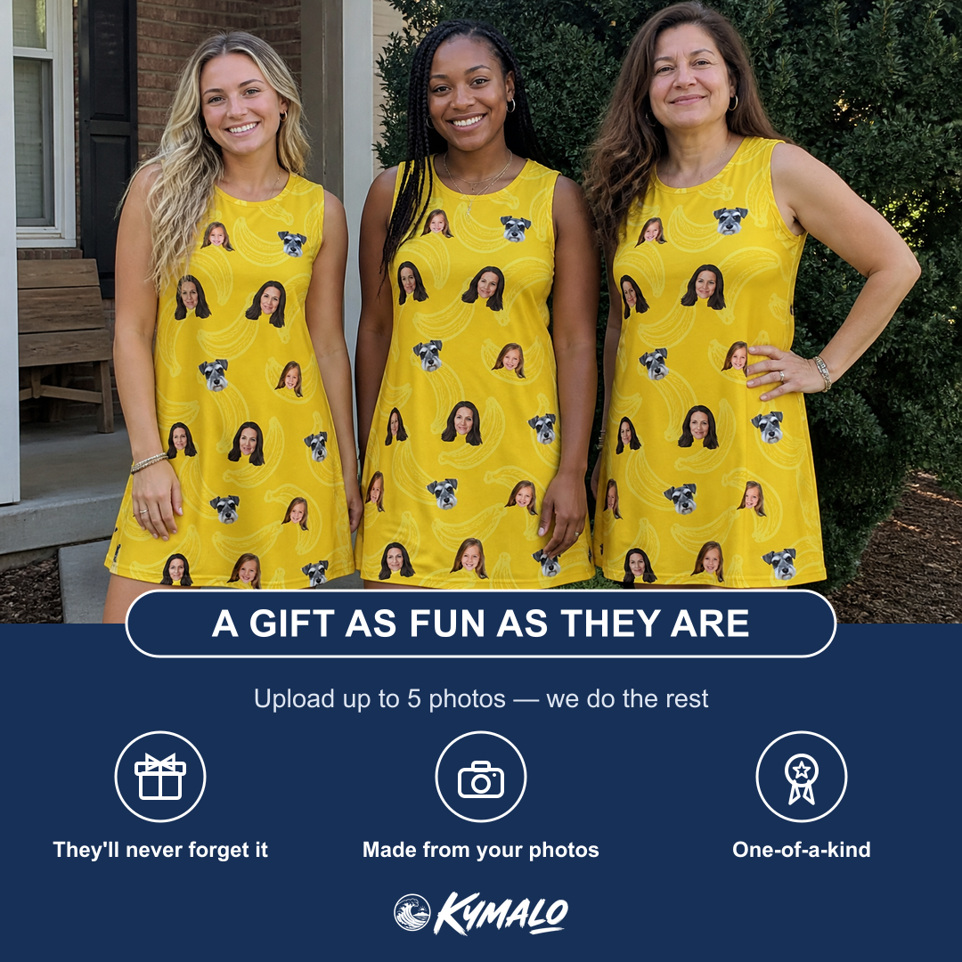 Friends in matching Women's Cavendish Capers Custom Face Tank Dress — a group gift photo