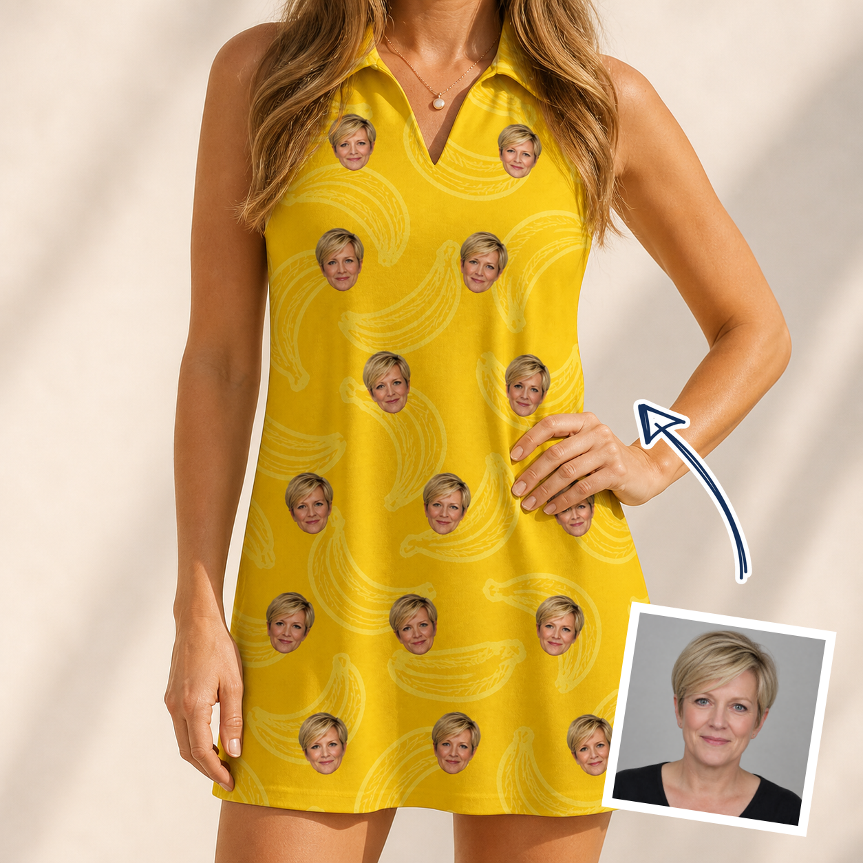 Woman wearing Women's Cavendish Capers Custom Face V-Neck Dress — custom faces printed all-over