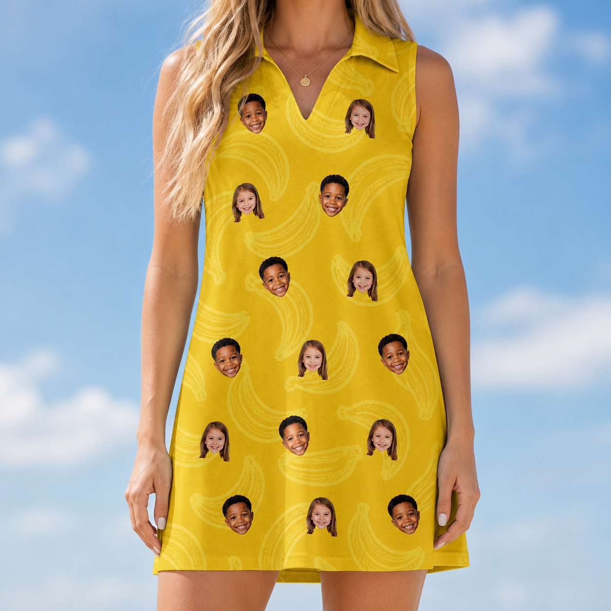 Model wearing Women's Cavendish Capers Custom Face V-Neck Dress printed with kids' faces
