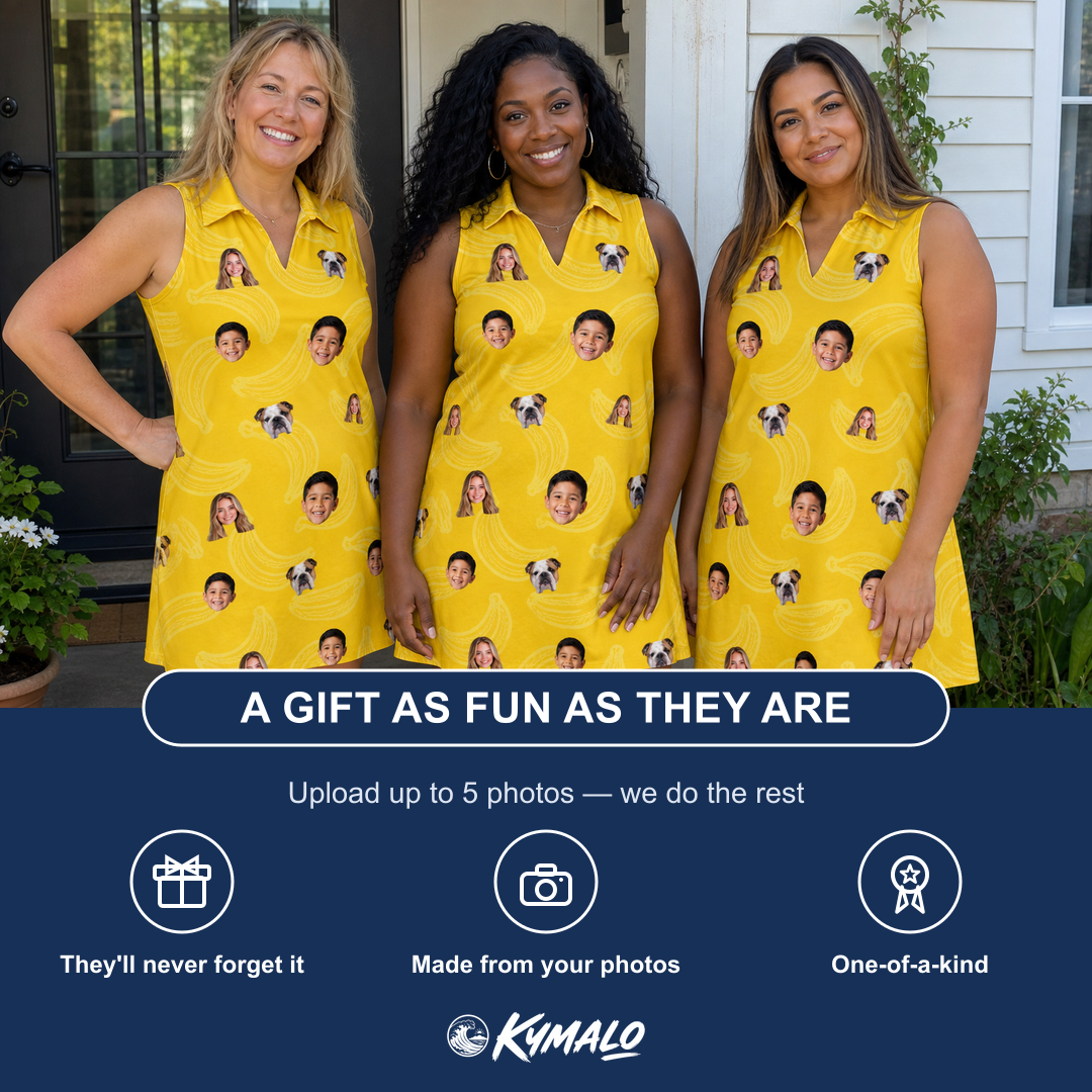 Friends in matching Women's Cavendish Capers Custom Face V-Neck Dress — a group gift photo