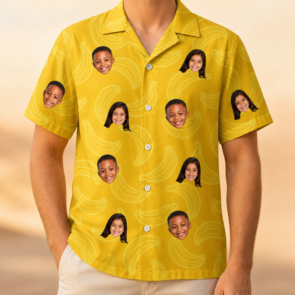 Model wearing Men's Cavendish Capers Custom Face Hawaiian Shirt printed with kids' faces