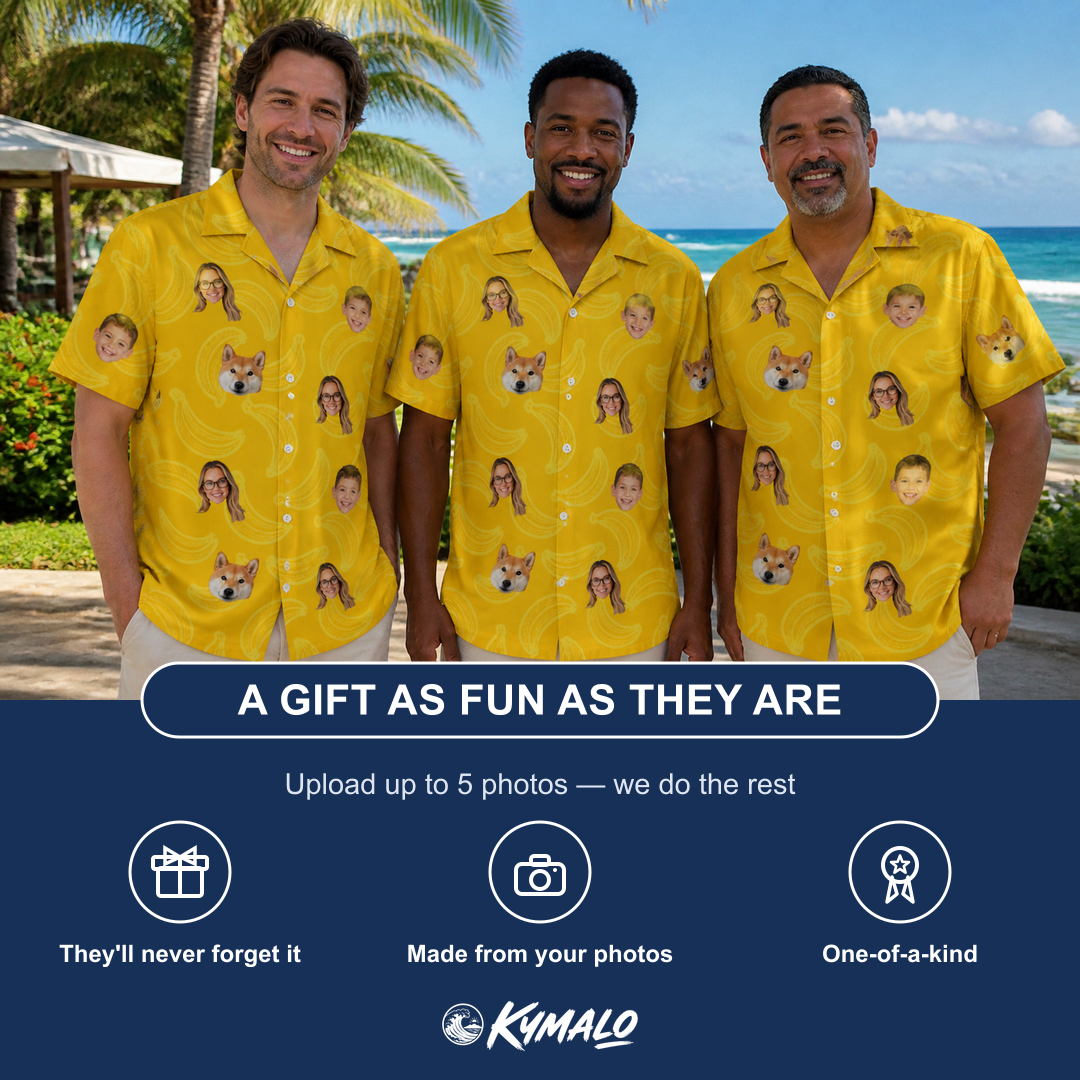 Friends in matching Men's Cavendish Capers Custom Face Hawaiian Shirt — a group gift photo