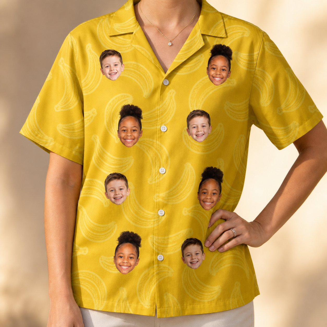 Model wearing Women's Cavendish Capers Custom Face Hawaiian Shirt printed with kids' faces